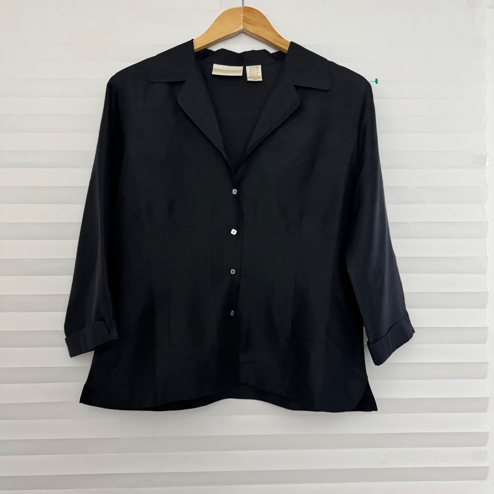 Christie & Jill Black 100% Silk Button Down Blouse 3/4 Sleeve L Quiet Luxury